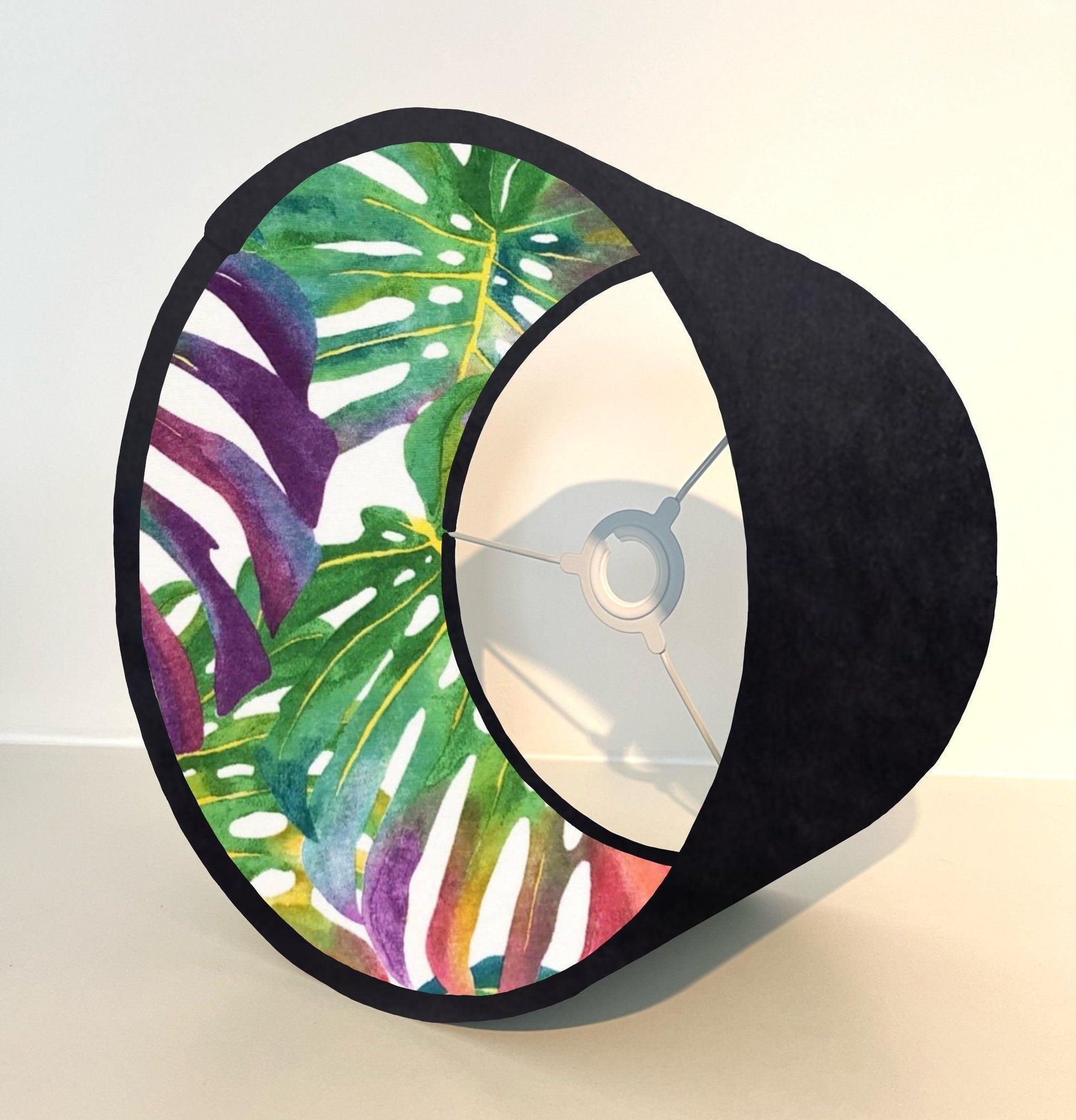 Black velvet drum lampshade/ ceiling light shade with multicoloured leaves interior