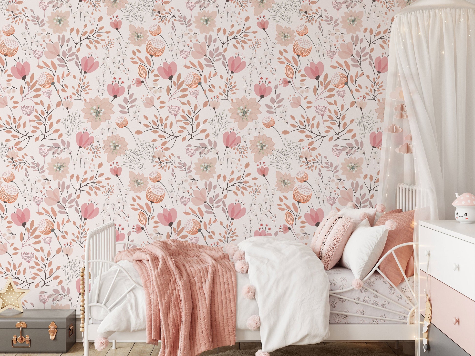 Nursery Floral Wallpaper Peel and Stick Kids Soft Garden Flowers Wall Mural