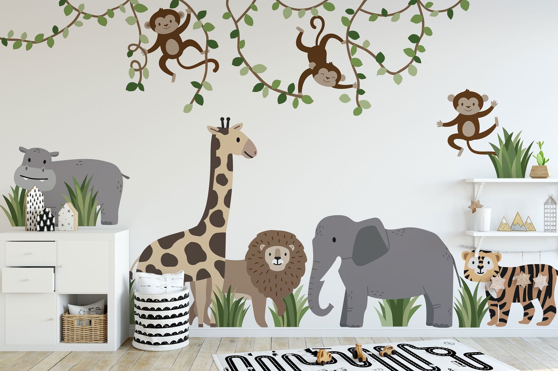 Large Safari Animals and Monkey Wall Decals, Jungle Animal Wall Stickers, Nursery Wall Decals, Repositionable Jungle Wall Decals Style 2
