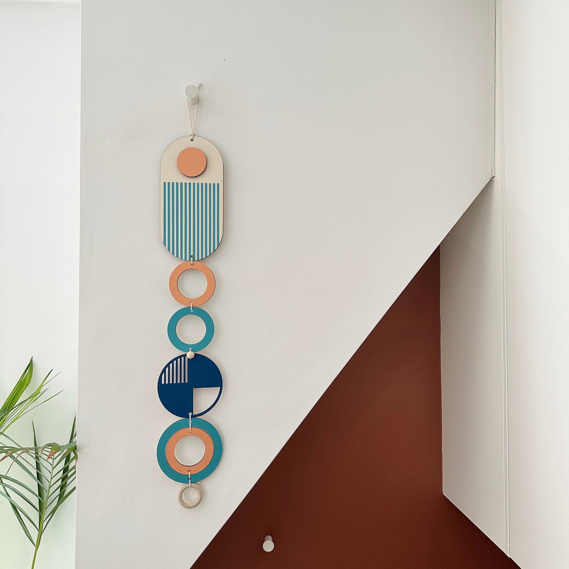 Geometric Wall Art in Coral Blue and Navy Handmade Wood Tapestry