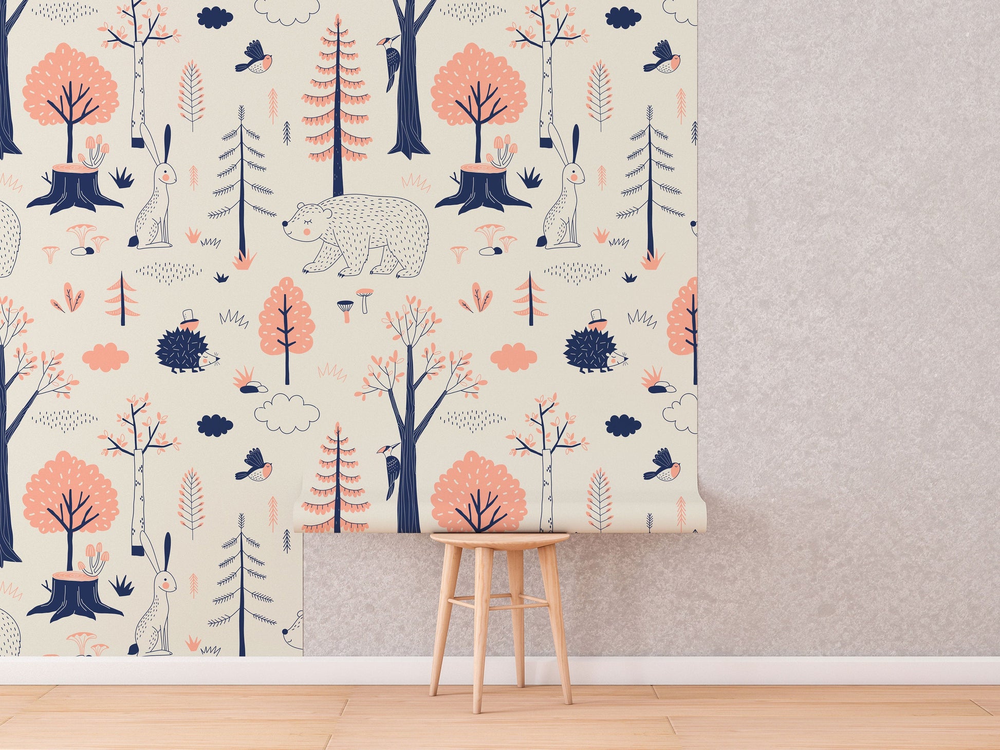 Woodland Animals Kids Room Wallpaper | Forest Nursery Wall Mural | Rabbit Wallpaper Watercolour Wall Décor Nursery