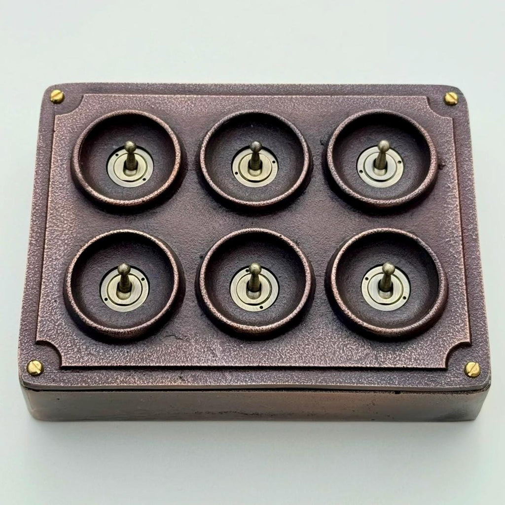 6 Gang 2 Way Antique Copper Cast Metal Light Switch Industrial Vintage