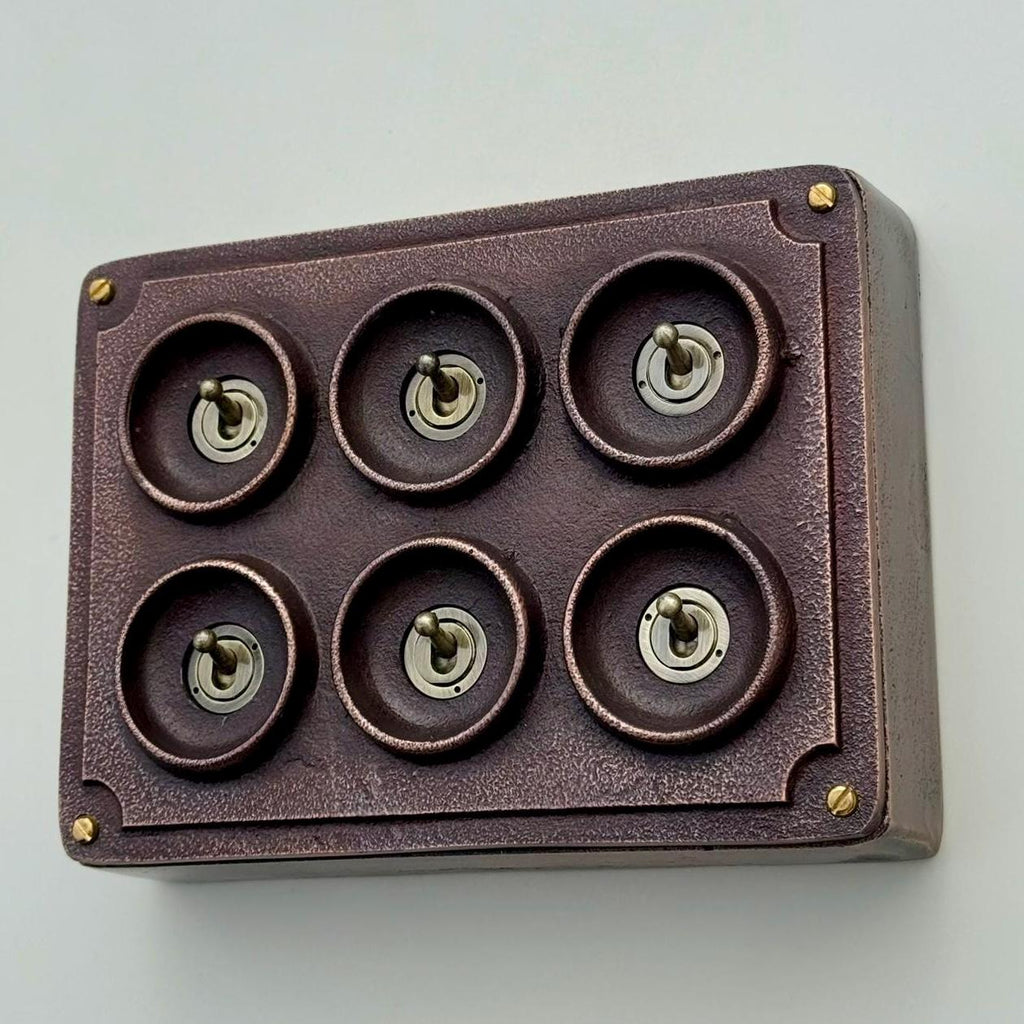 6 Gang 2 Way Antique Copper Cast Metal Light Switch Industrial Vintage