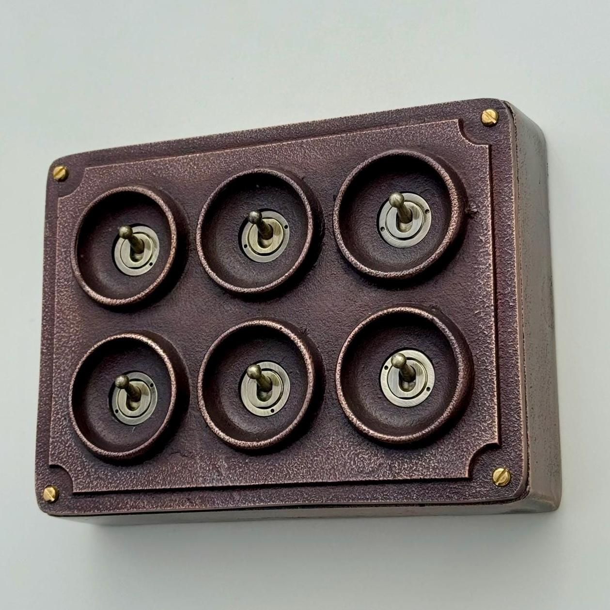 6 Gang 2 Way Antique Copper Cast Metal Light Switch Industrial Vintage
