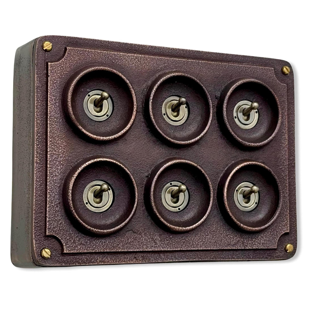 6 Gang 2 Way Antique Copper Cast Metal Light Switch Industrial Vintage