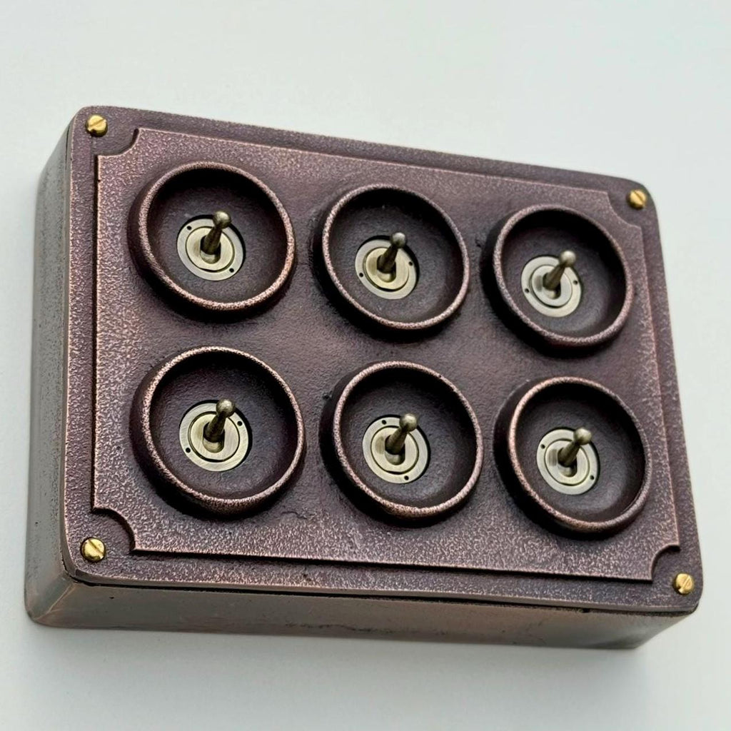 6 Gang 2 Way Antique Copper Cast Metal Light Switch Industrial Vintage