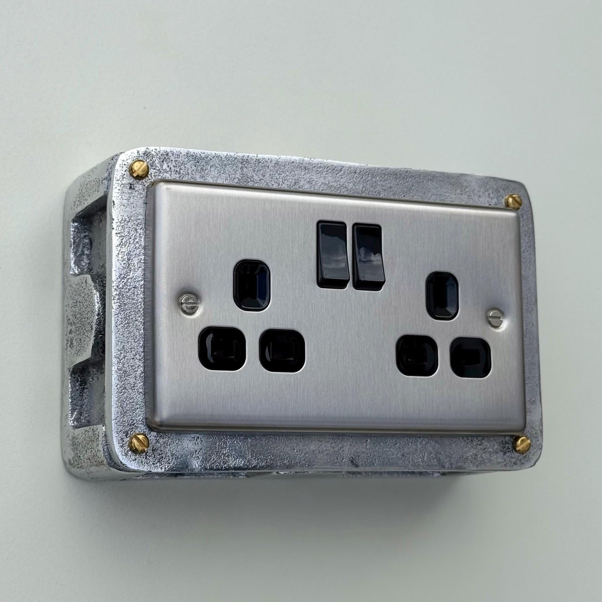 Brushed Steel Double Power Socket Industrial Vintage 13A 230V