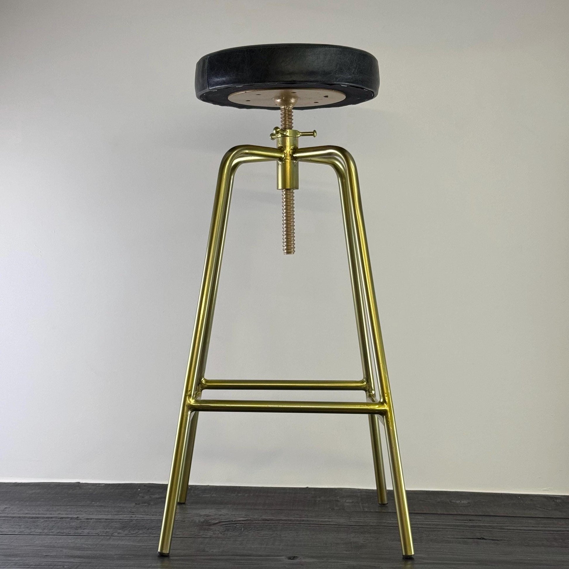 Patinated Brass Industrial Leather Bar Stool Vintage Style