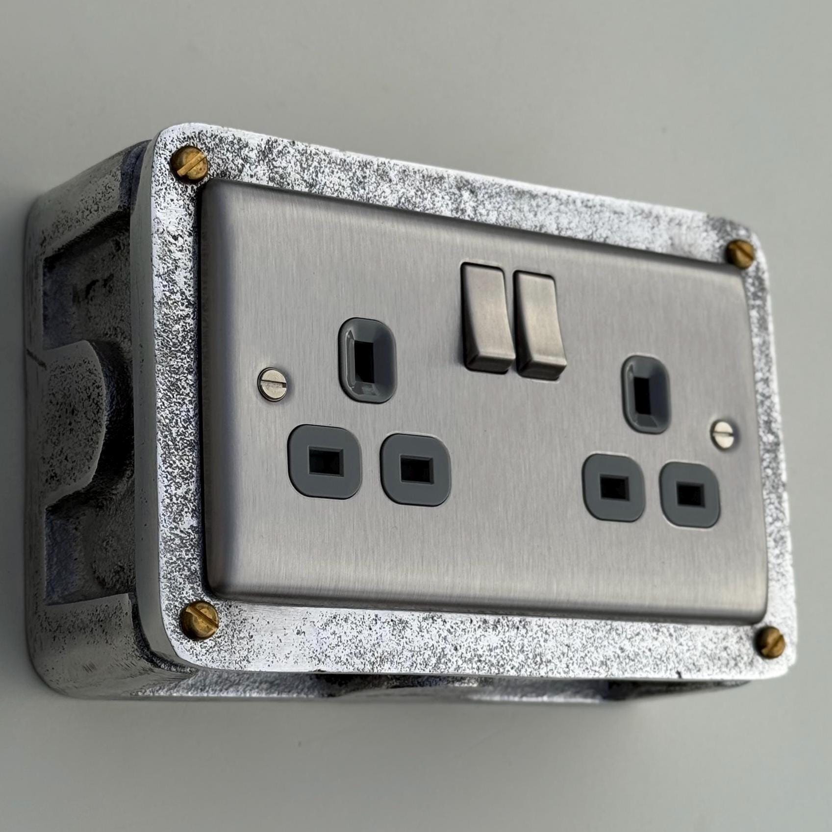 Brushed Steel Double Switched Power Socket Grey Insert 13A 230V Industrial Vintage