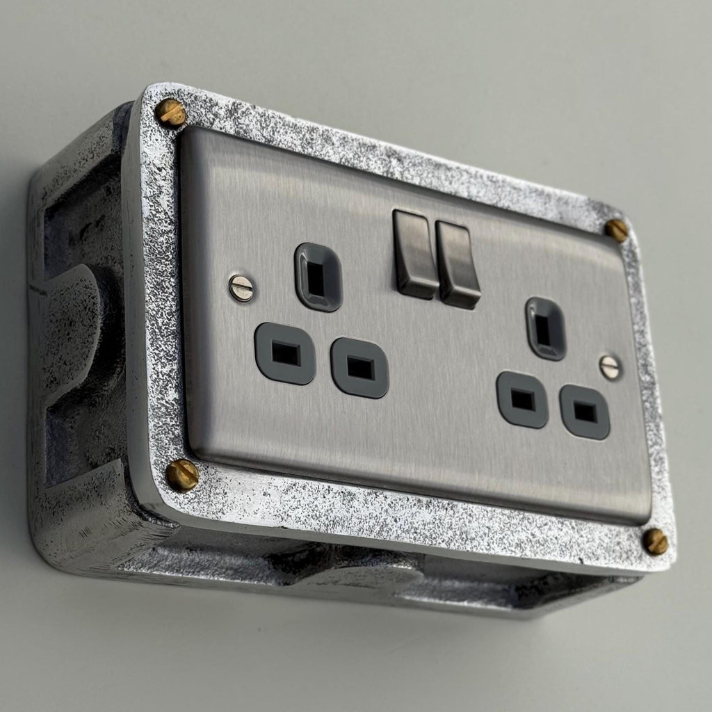 Brushed Steel Double Switched Power Socket Grey Insert 13A 230V Industrial Vintage