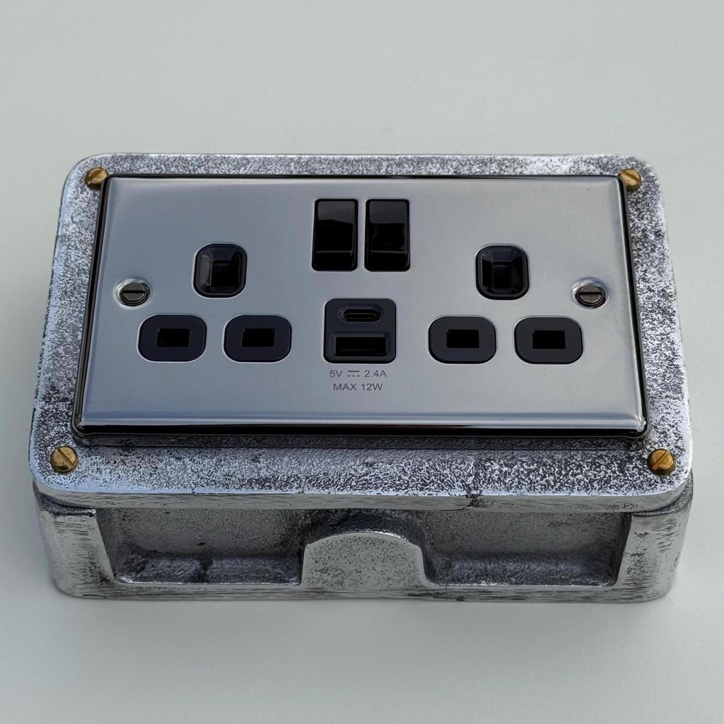 Black Nickel Double Switched 13A Power Socket Industrial Vintage Style
