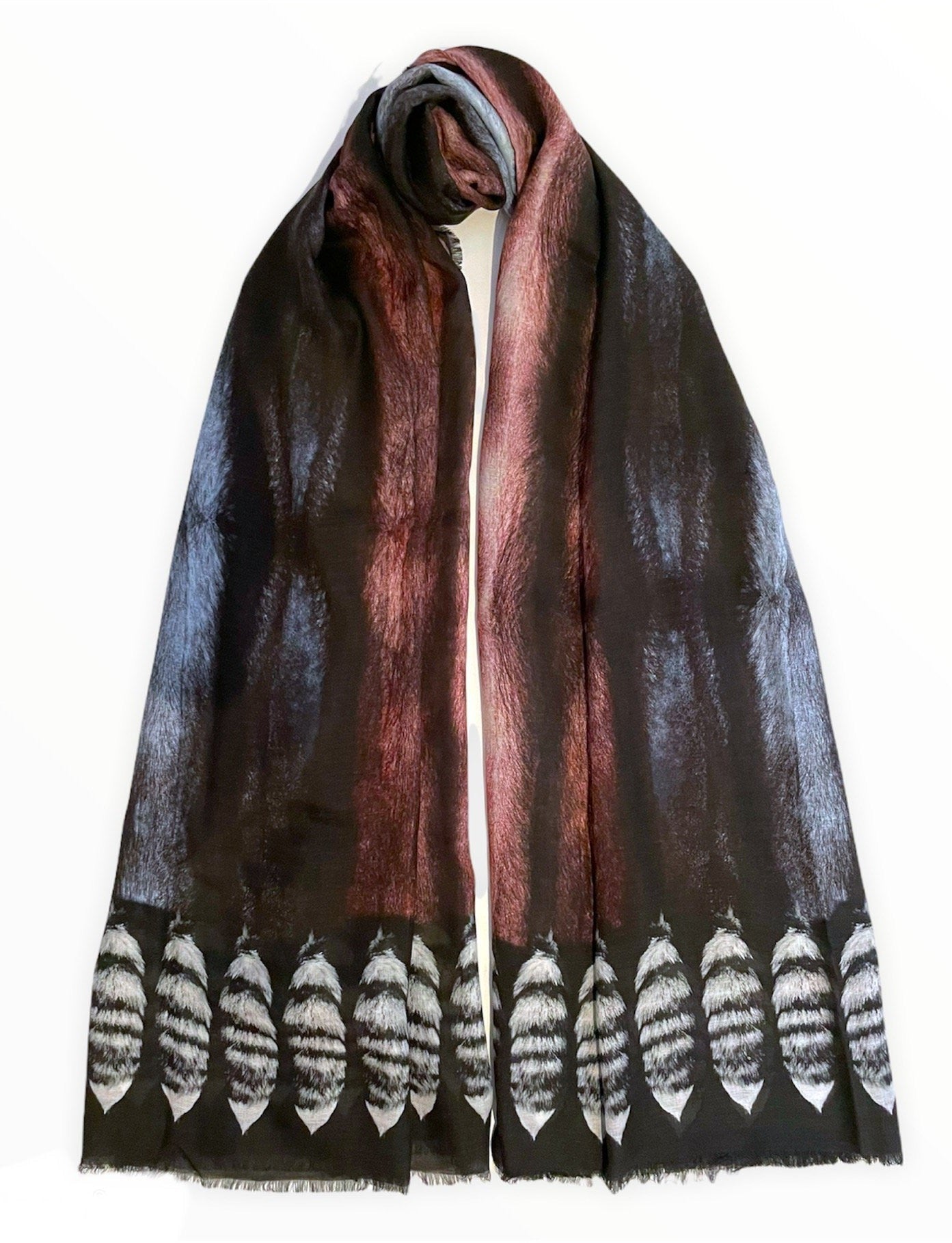 Blue and Burgundy Silk Scarf XL with Mink Effect and Tails Print