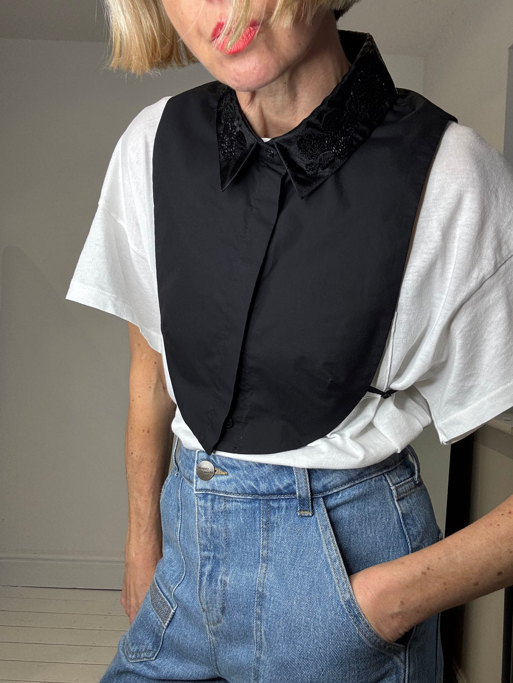Embellished Collar Bib in Black Cotton