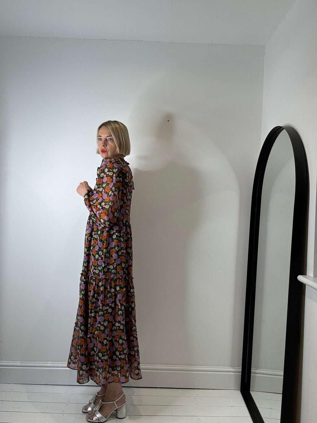 Floral Midi Dress with Shirred Bodice and Frill Collar