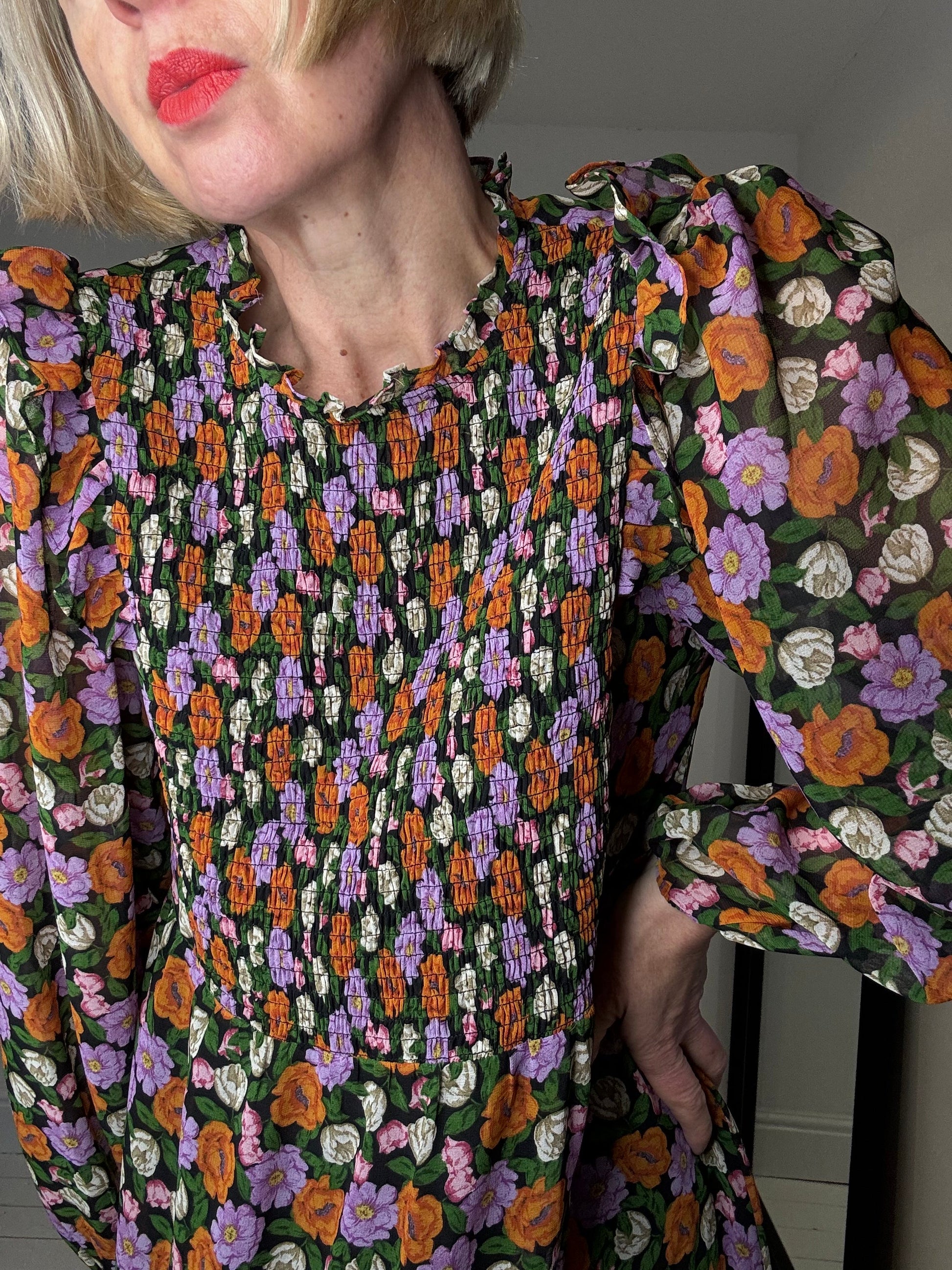 Floral Midi Dress with Shirred Bodice and Frill Collar