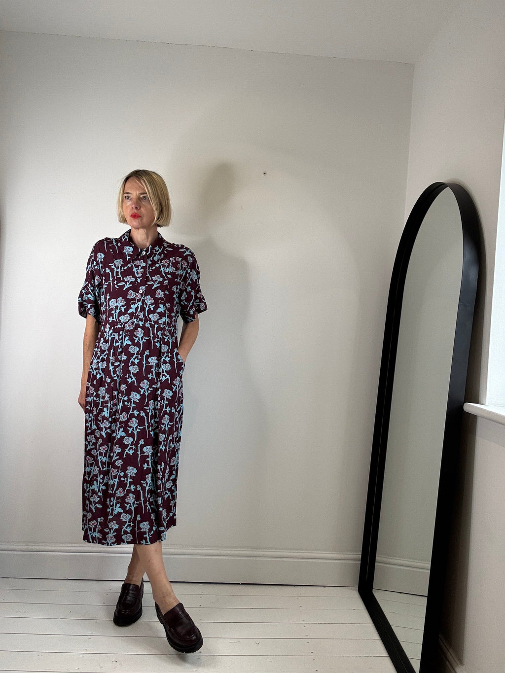 Crepe Dress in Burgundy with Blue and Red Rose Print