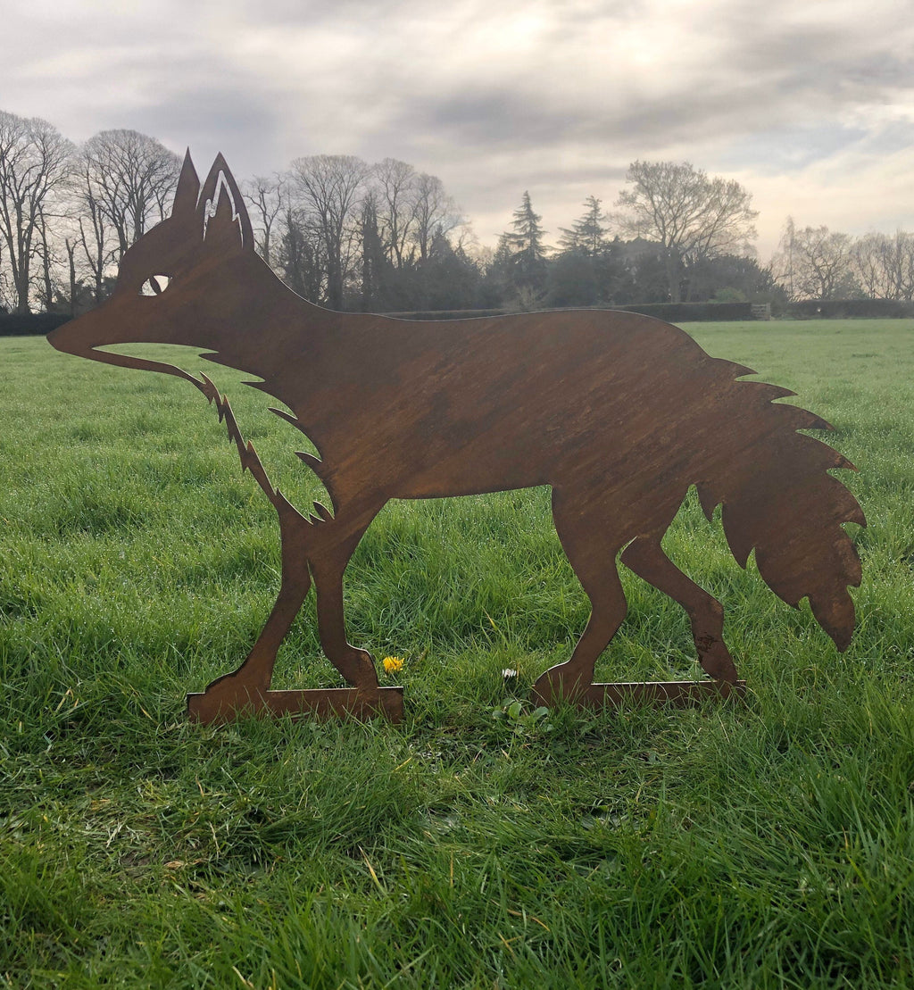 Rusty Metal Walking Fox Garden Statue