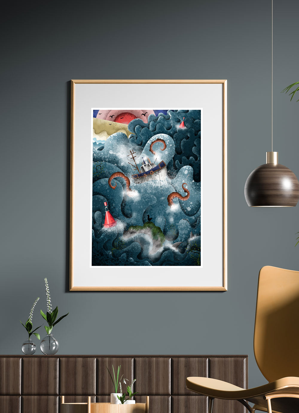 Fishing Boat and Octopus Illustration Print