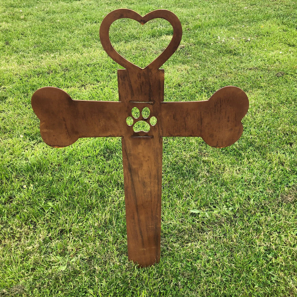 Rusty Metal Pet Memorial Cross Garden Decoration