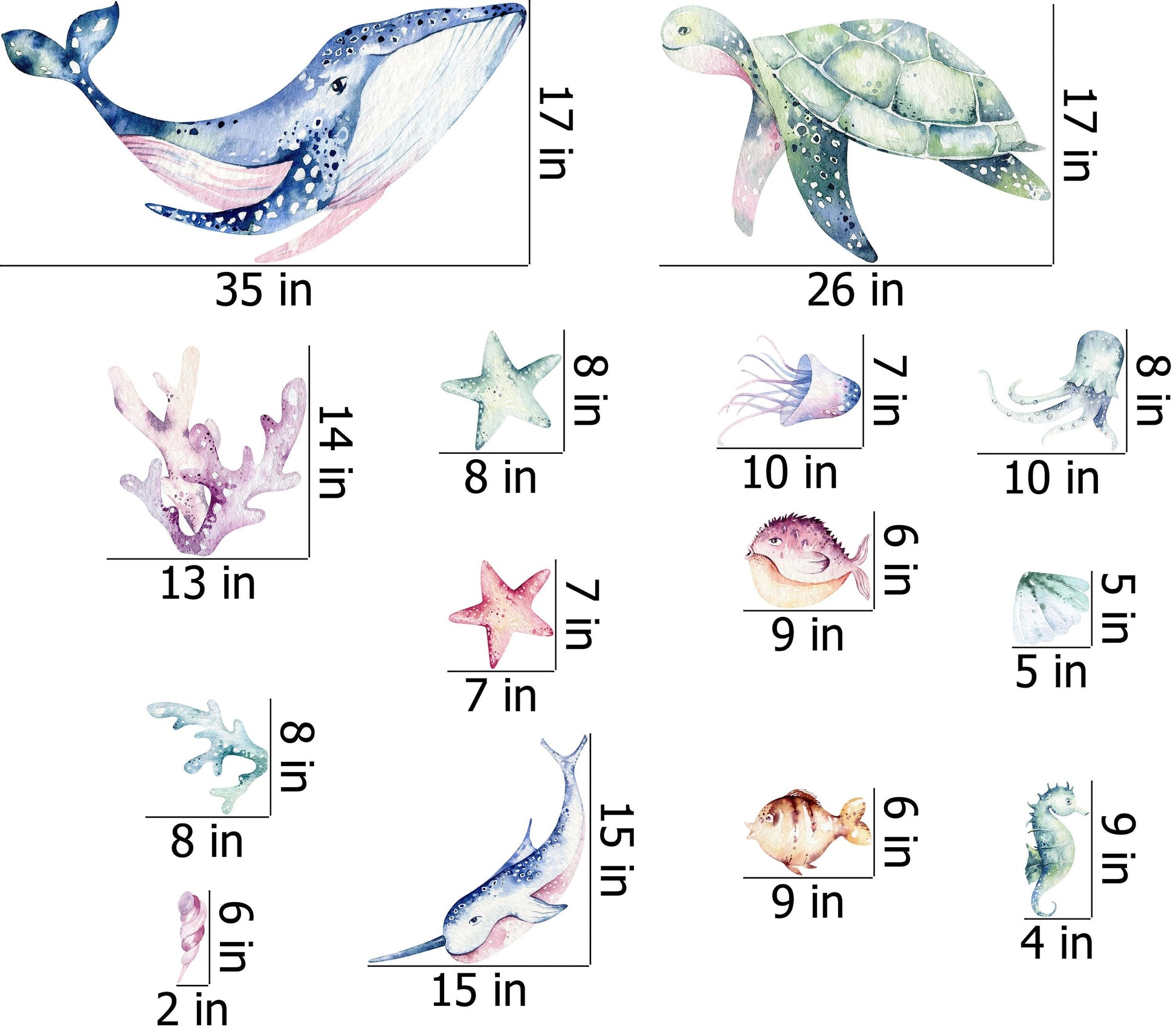 Ocean Wall Decal - Watercolour Sea Life Stickers - Colourful Ocean Theme