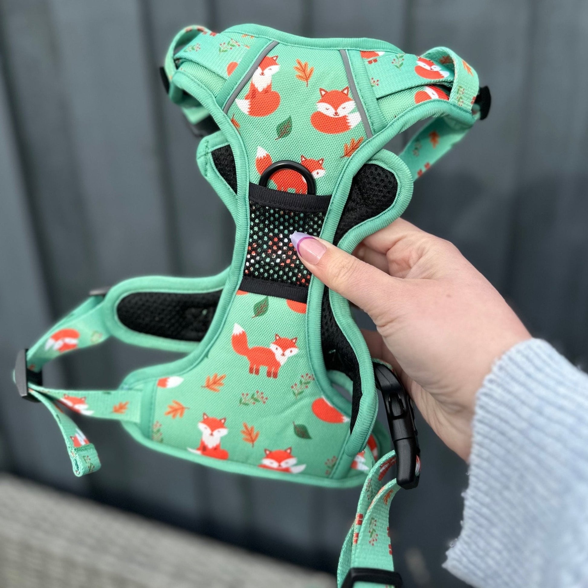 Tactical No Pull Dog Harness in Green Fox Print, Adjustable Step-In XS to XL