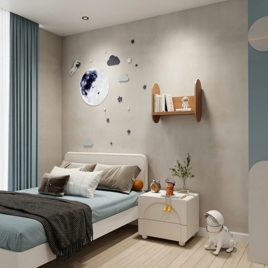 bold walnut kids bookshelf mounted on a vibrant nursery wall