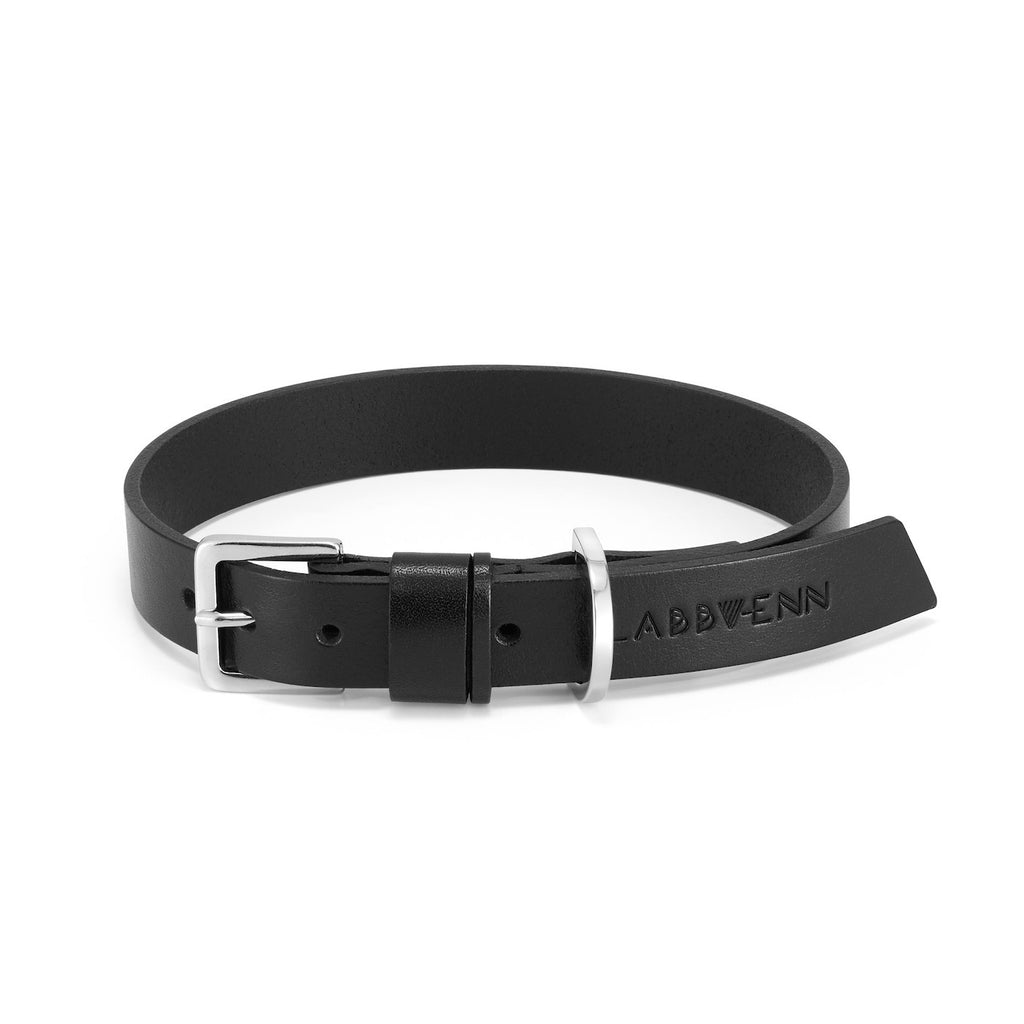 a playful black labrador modeling the stylish kollu collar in a sunlit garden