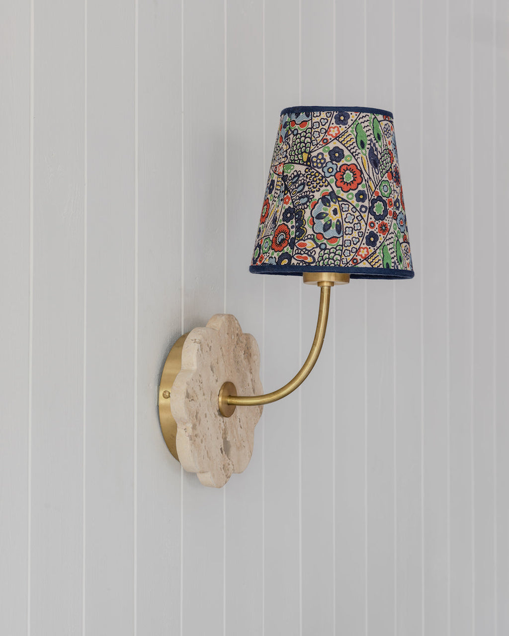Woodblock Linen Lampshade with Blue Trim