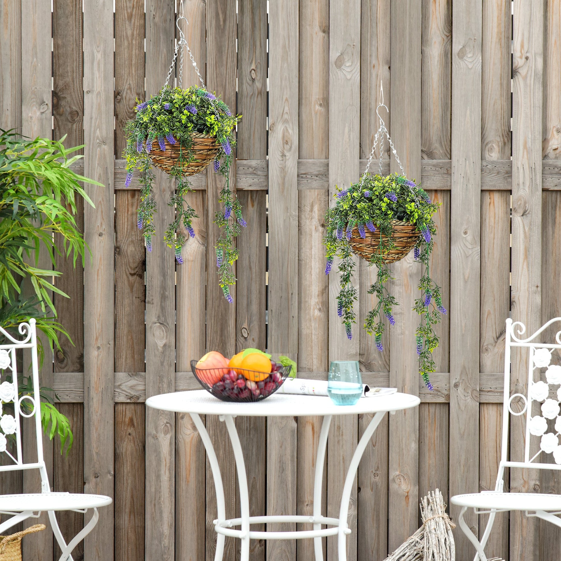 Set of 2 Artificial Lavender Flowers in Wicker Basket with Hanging Chains