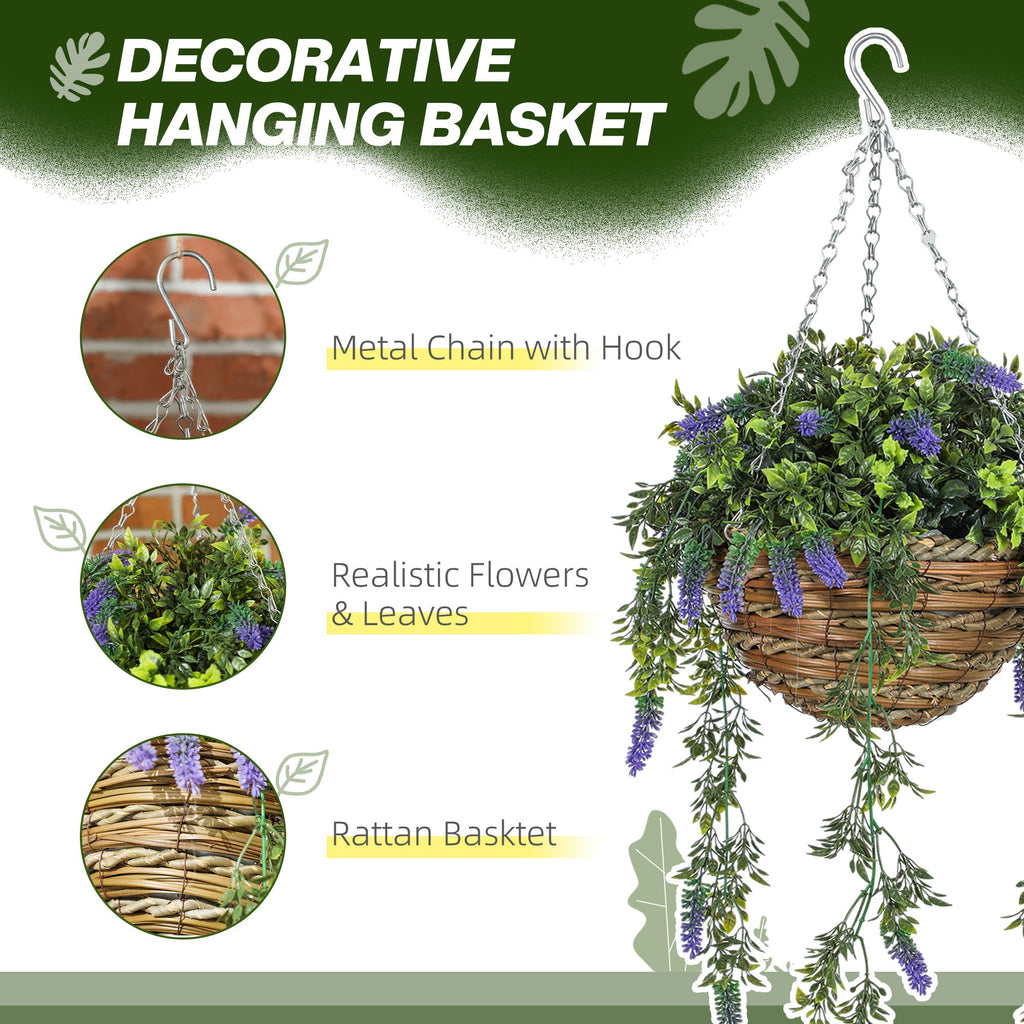 Set of 2 Artificial Lavender Flowers in Wicker Basket with Hanging Chains