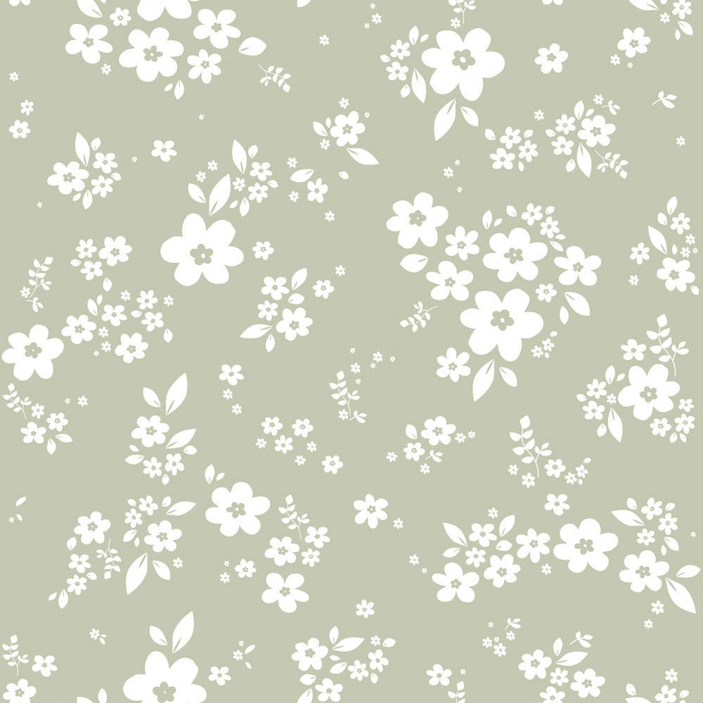 a soft meadow green lace wallpaper pattern glowing gently in a child's serene nursery