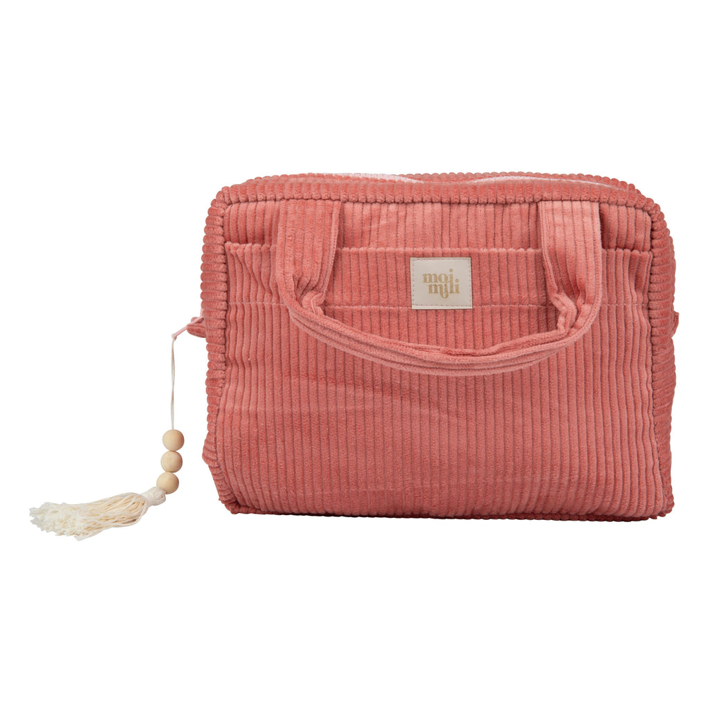 practical coral makeup bag set with two cotton bags open to show interior pockets