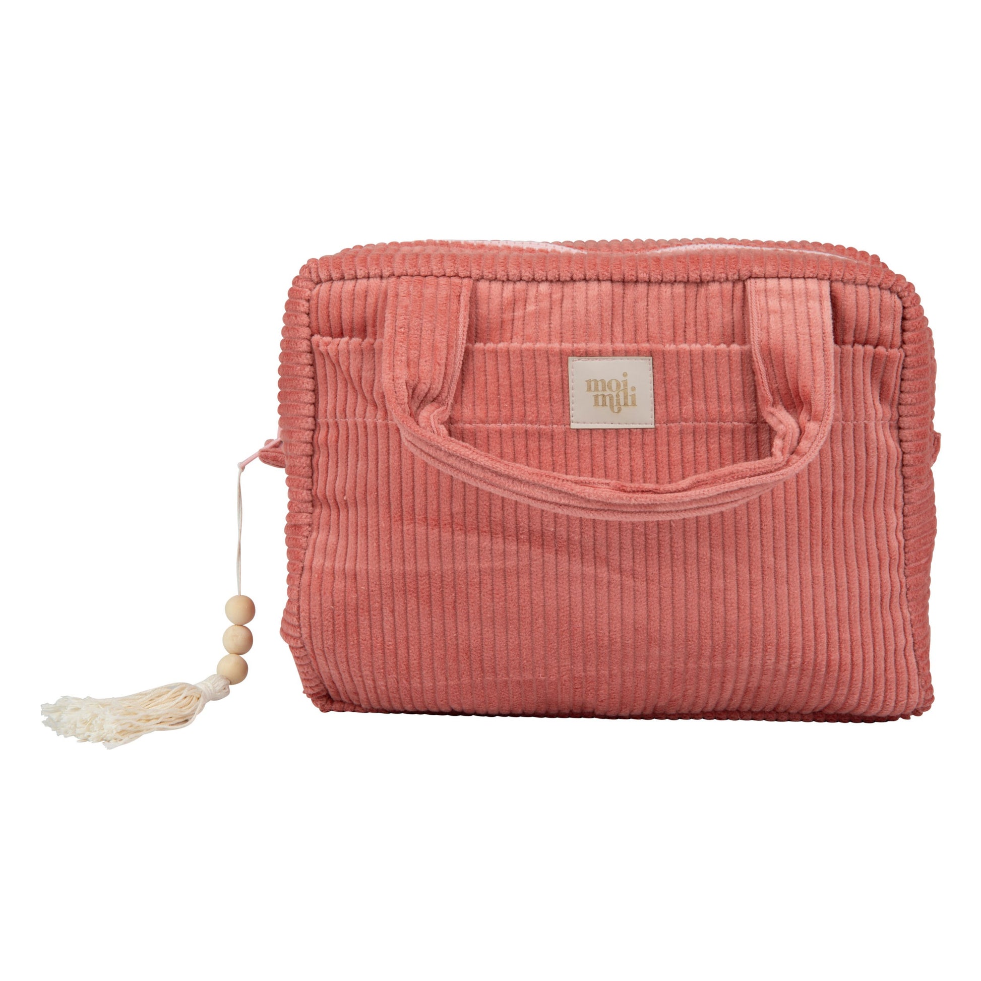 practical coral makeup bag set with two cotton bags open to show interior pockets