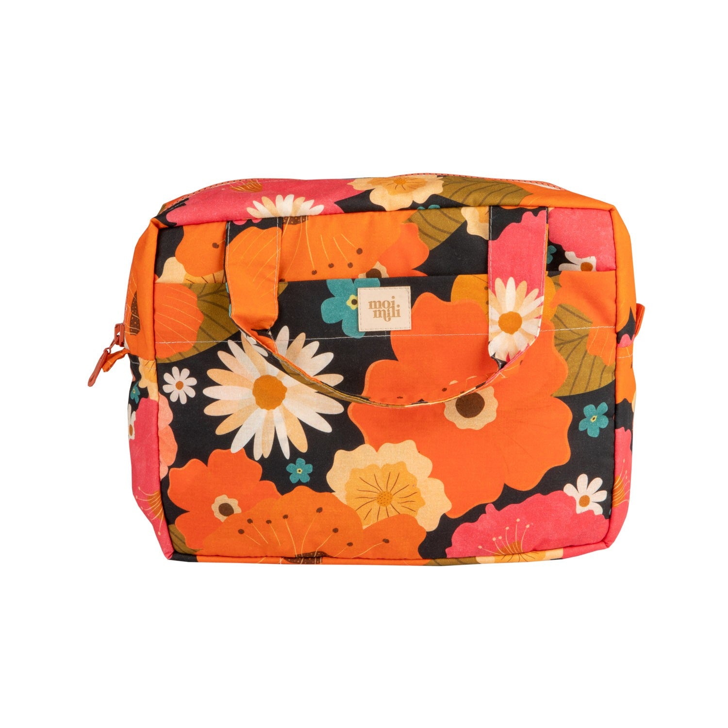side view of the picnic flowers makeup bag showing its practical zipper and spacious interior pockets