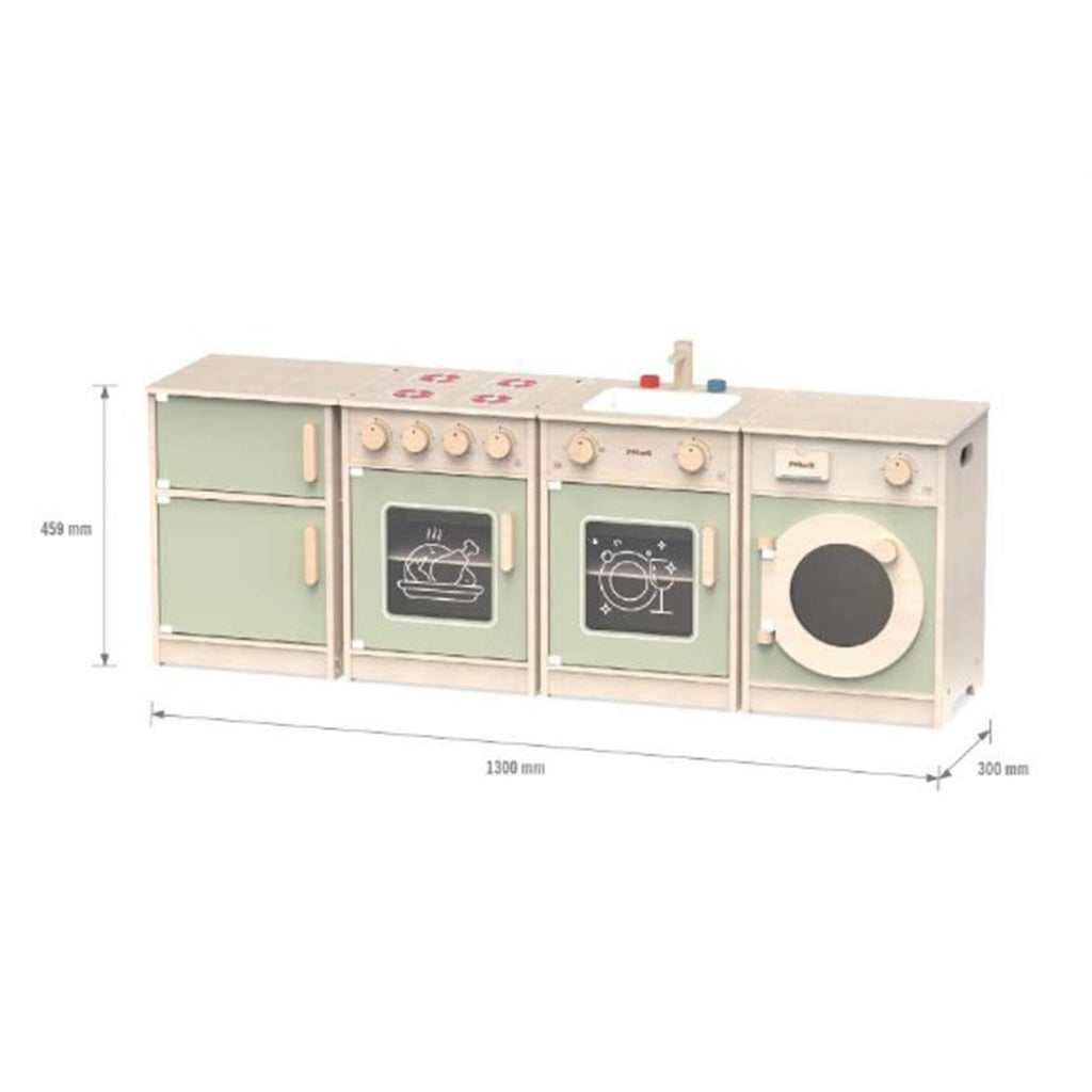 soft pastel wooden kitchen set for toddlers with fridge, stove, and sink, cozy playtime setup