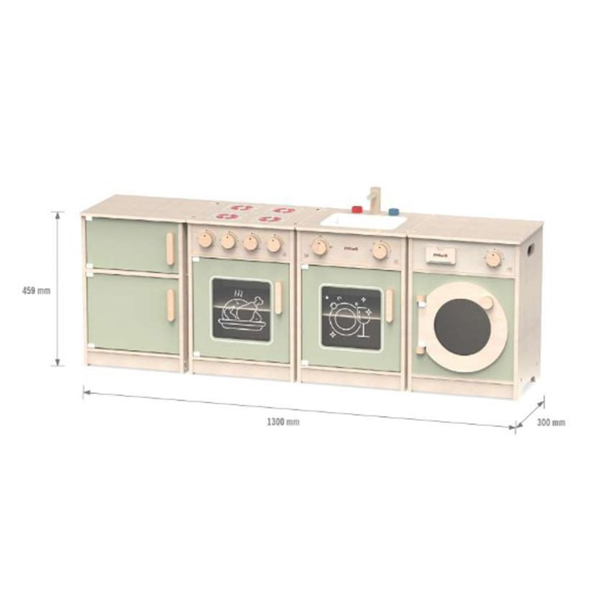 soft pastel wooden kitchen set for toddlers with fridge, stove, and sink, cozy playtime setup