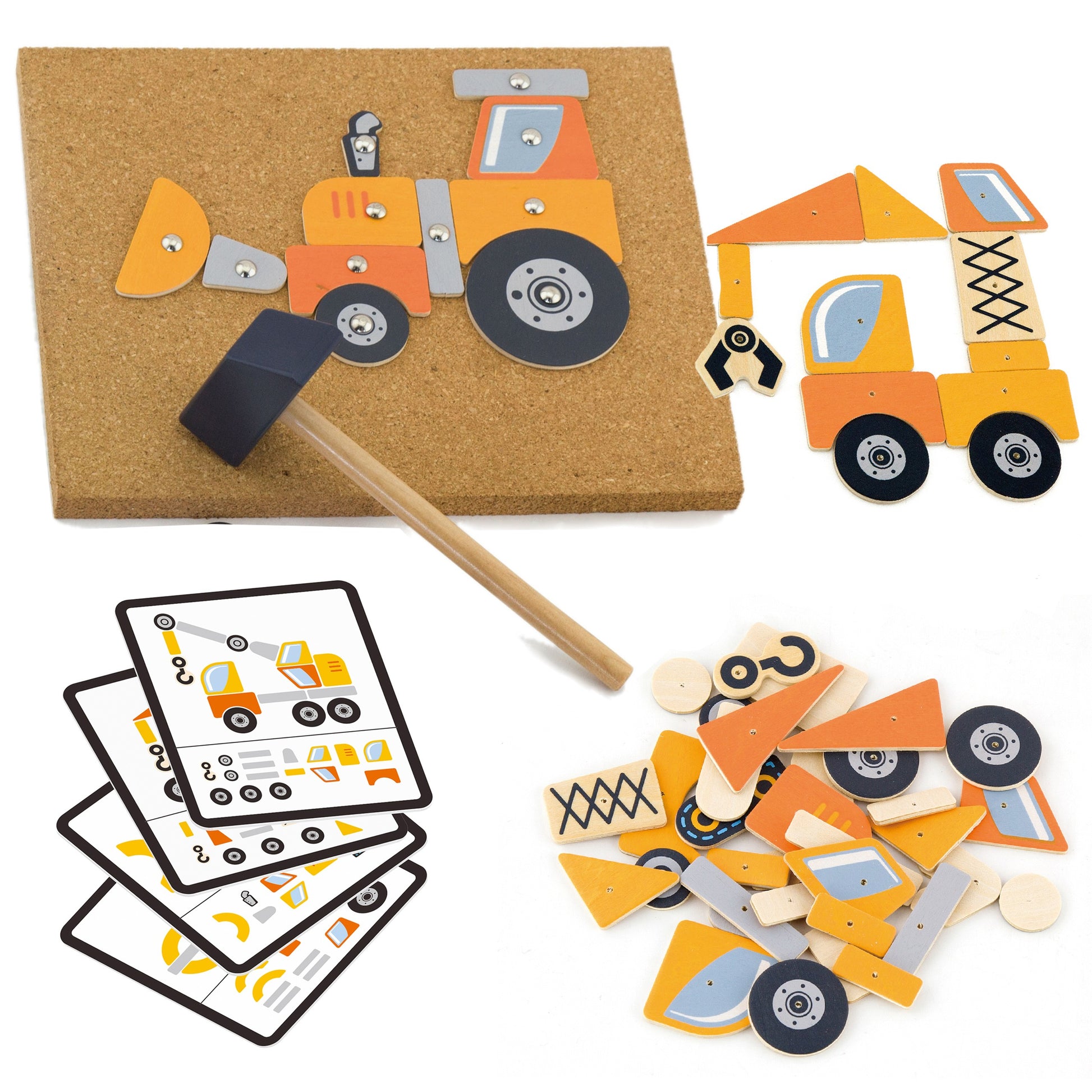 bold construction vehicles cork nailer set with wooden blocks, hammer, and pattern cards for creative play