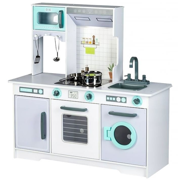 a child's hand turning the clicky knobs on a playful wooden play kitchen, ready for a culinary adventure
