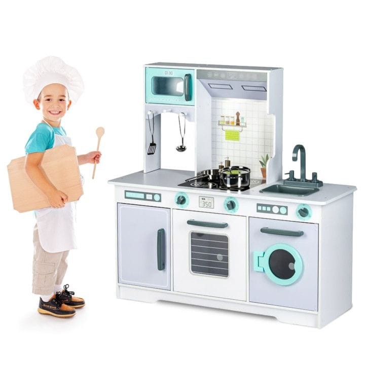bold front view of a large wooden kids kitchen with clicky knobs and a removable sink