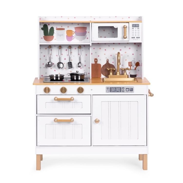 a child's hands turning the knobs on a wooden play kitchen to make the burners light up and sizzle
