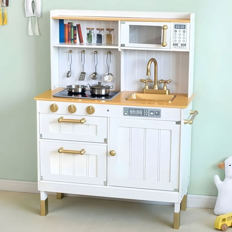 a bold shot of a wooden play kitchen with glowing burners and sizzle sounds ready for action