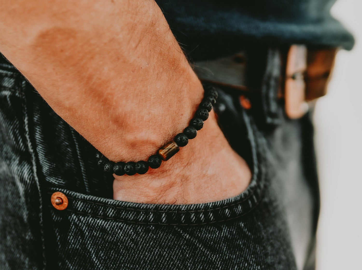 Lava Bracelet with 6mm Tiger Eye for Men