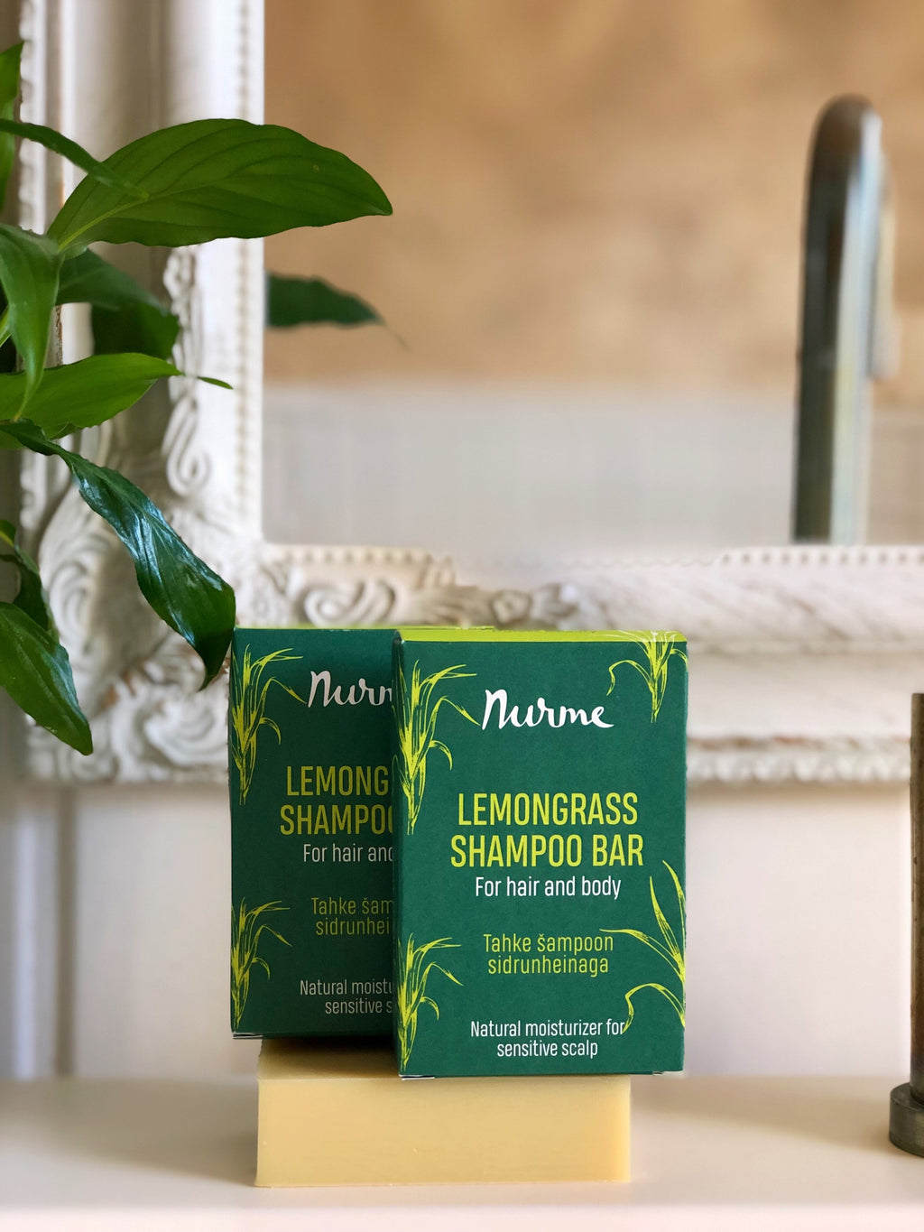 bold close-up of a lemongrass shampoo bar for sensitive scalps with visible natural ingredients