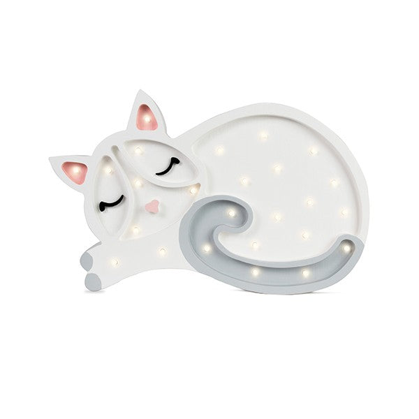 handcrafted pine wood cat lamp casting a soft warm glow on a nursery shelf