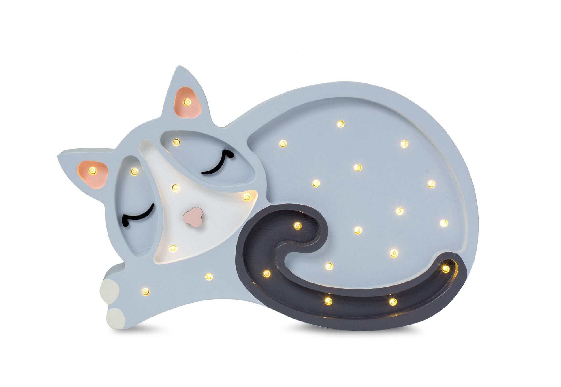 handcrafted pine wood cat lamp casting a soft warm glow on a nursery shelf