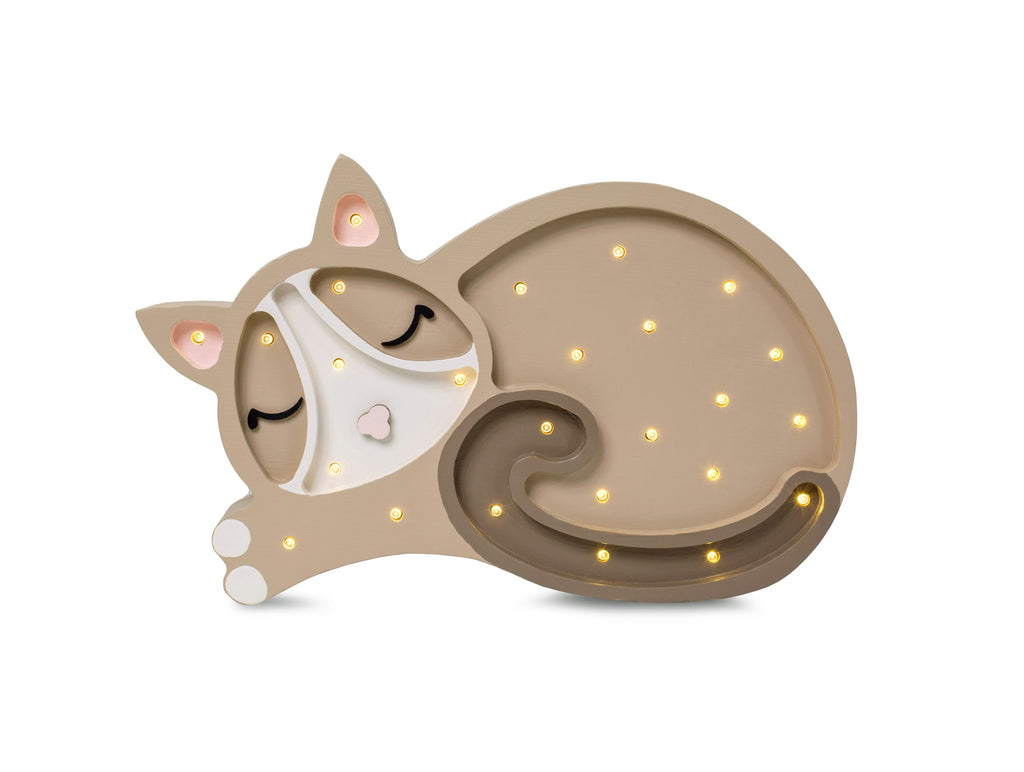 handcrafted pine wood cat lamp casting a warm glow in a cozy nursery at dusk