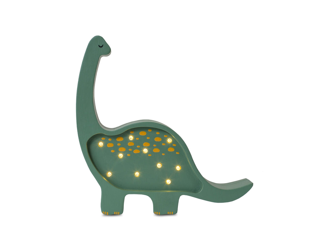 close-up of the solid pinewood mini dino lamp showing its smart timer and dimmer controls