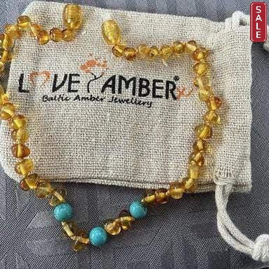 Boys and Girls Apollo Three Polished Honey Baltic Amber Turquoise Howlite Necklace