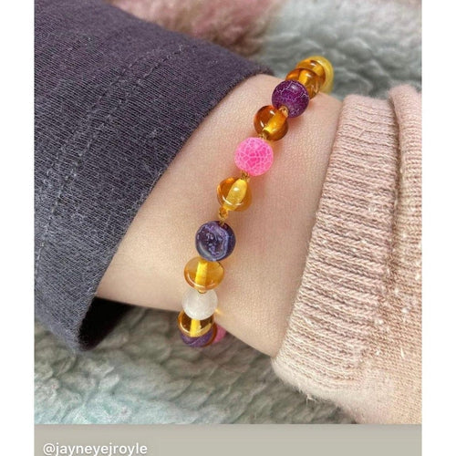 Child Amelie Pink Purple Agate Honey Baltic Amber Anklet