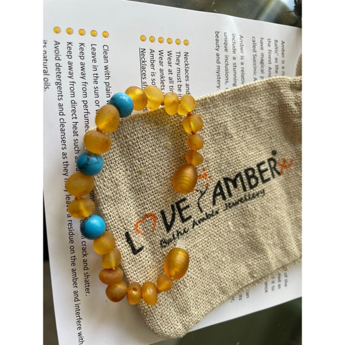 Child Bluebird Raw Honey Baltic Amber and Blue Howlite Anklet Bracelet